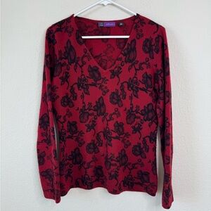 Saks Fifth Avenue‎ Women's Red 100% Cashmere Floral Sweater Sz M Dark Romantic